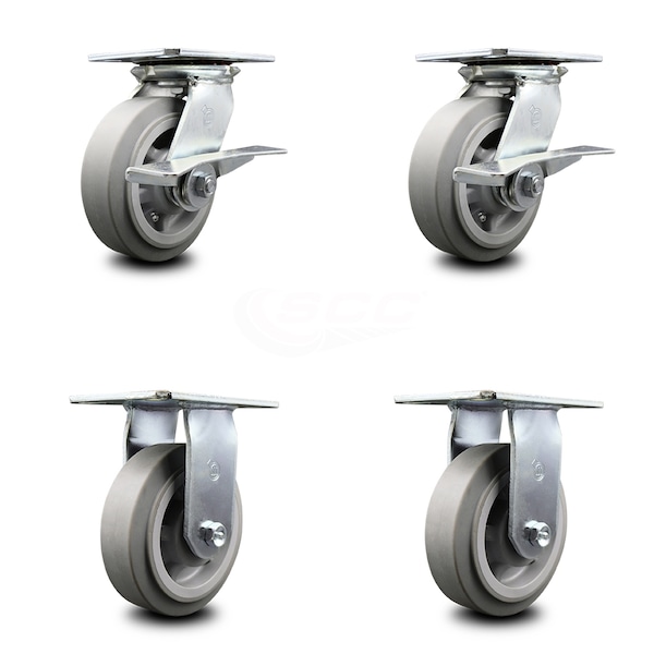 6 Inch Thermoplastic Caster Set with Roller Bearing 2 Brakes and 2 Rigid SCC
